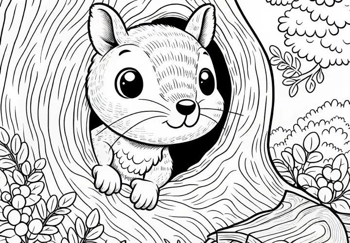 Veverička sa zvedavo pozerá z dierky v strome – Zadarmo na vymaľovanie Veverička sa zvedavo pozerá z dierky v strome – Zadarmo na vymaľovanie