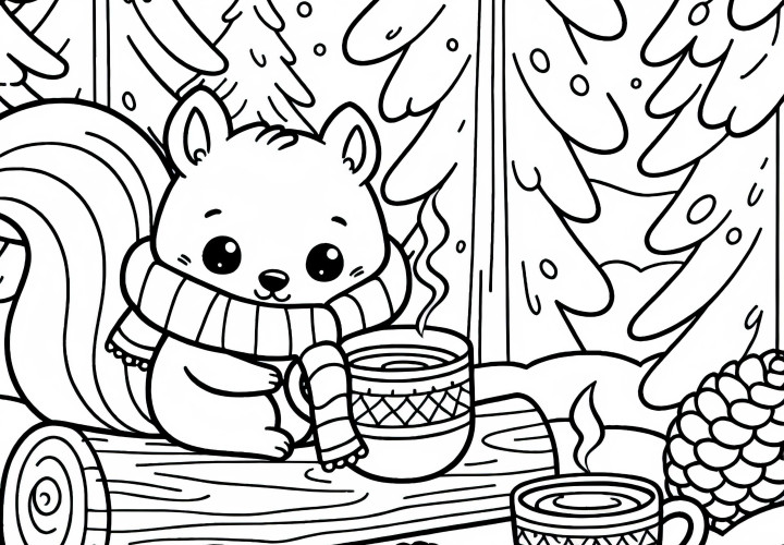 Winterliches Eichhörnchen mit Schal im verschneiten Wald – Ausmalbild kostenlos Winterliches Eichhörnchen mit Schal im verschneiten Wald – Ausmalbild kostenlos
