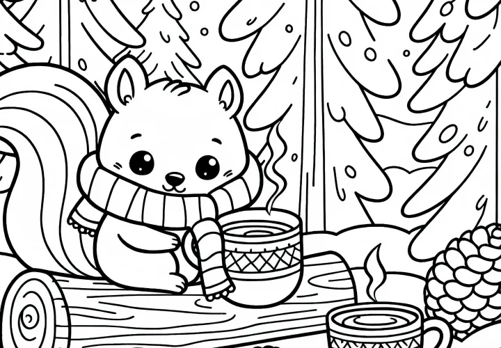 Zimné veverička s šálom v zasneženom lese – Omalovánka zadarmo Zimné veverička s šálom v zasneženom lese – Omalovánka zadarmo