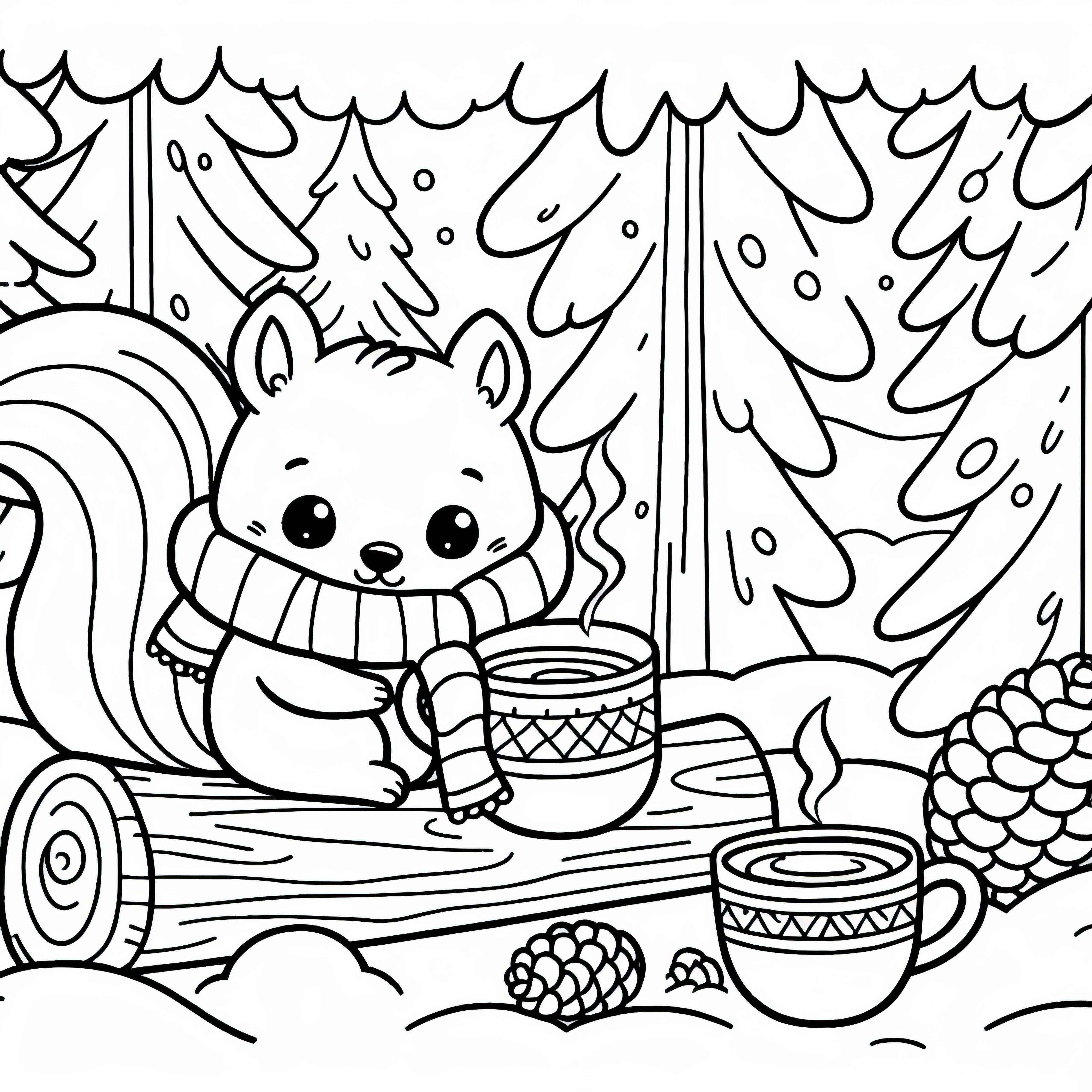 Winterliches Eichhörnchen mit Schal im verschneiten Wald – Ausmalbild kostenlos