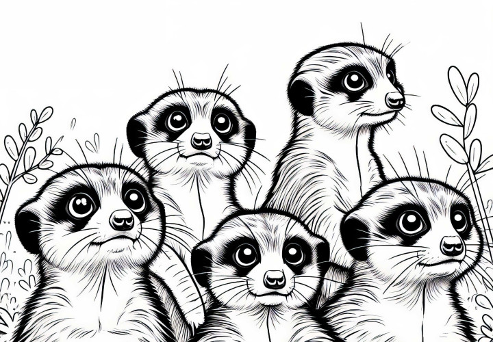 Grupo de suricatas observa curiosamente em diferentes direções – Desenho para colorir grátis