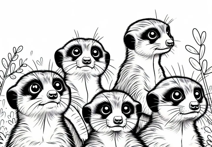 Skupina surikát zvedavo pozerá do rôznych smerov – omalovánka zadarmo