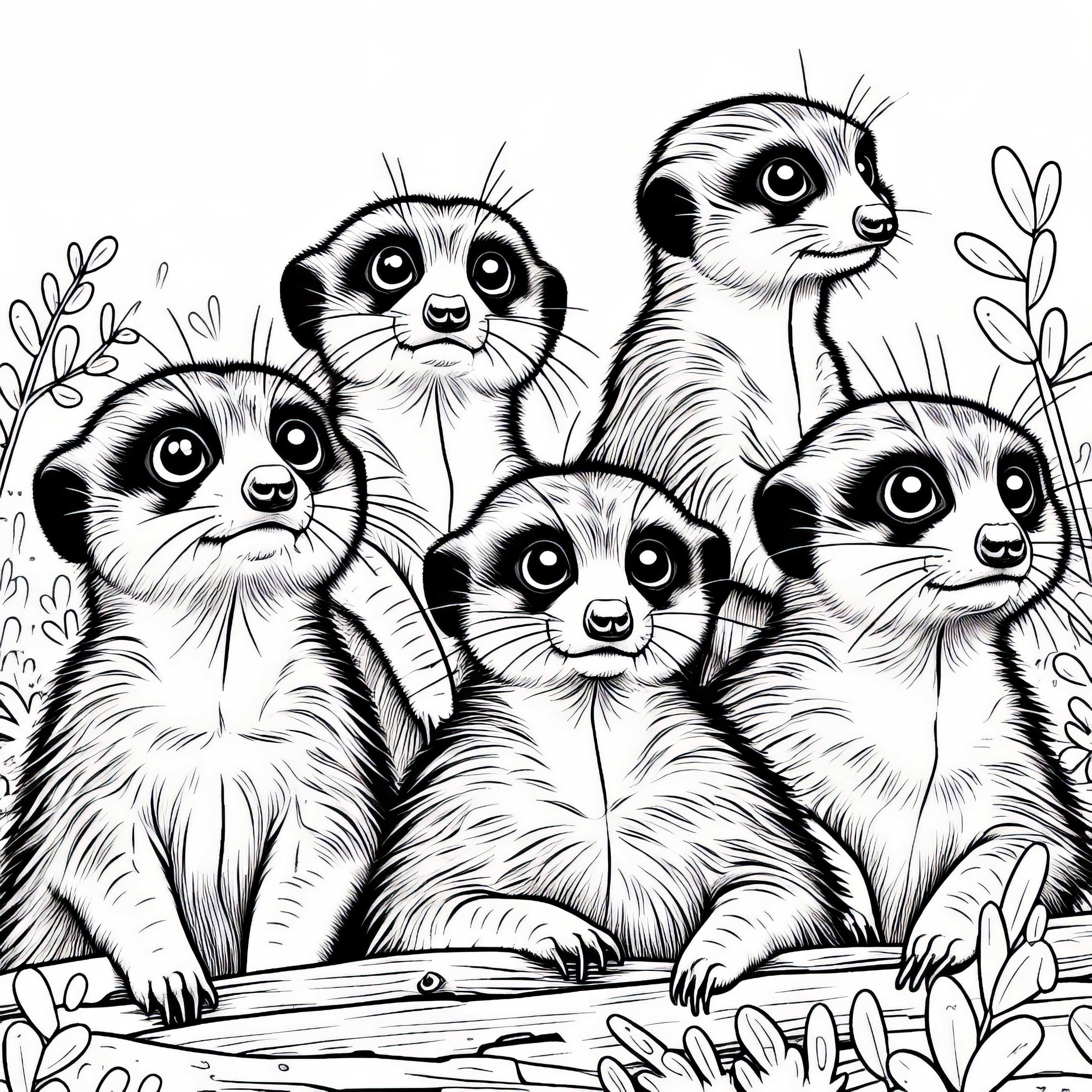 Grupo de suricatos olha curiosamente em diferentes direções - Desenho para colorir gratuito