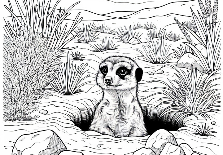 Suricata estica a cabeça para fora do buraco - Desenho para colorir gratuito