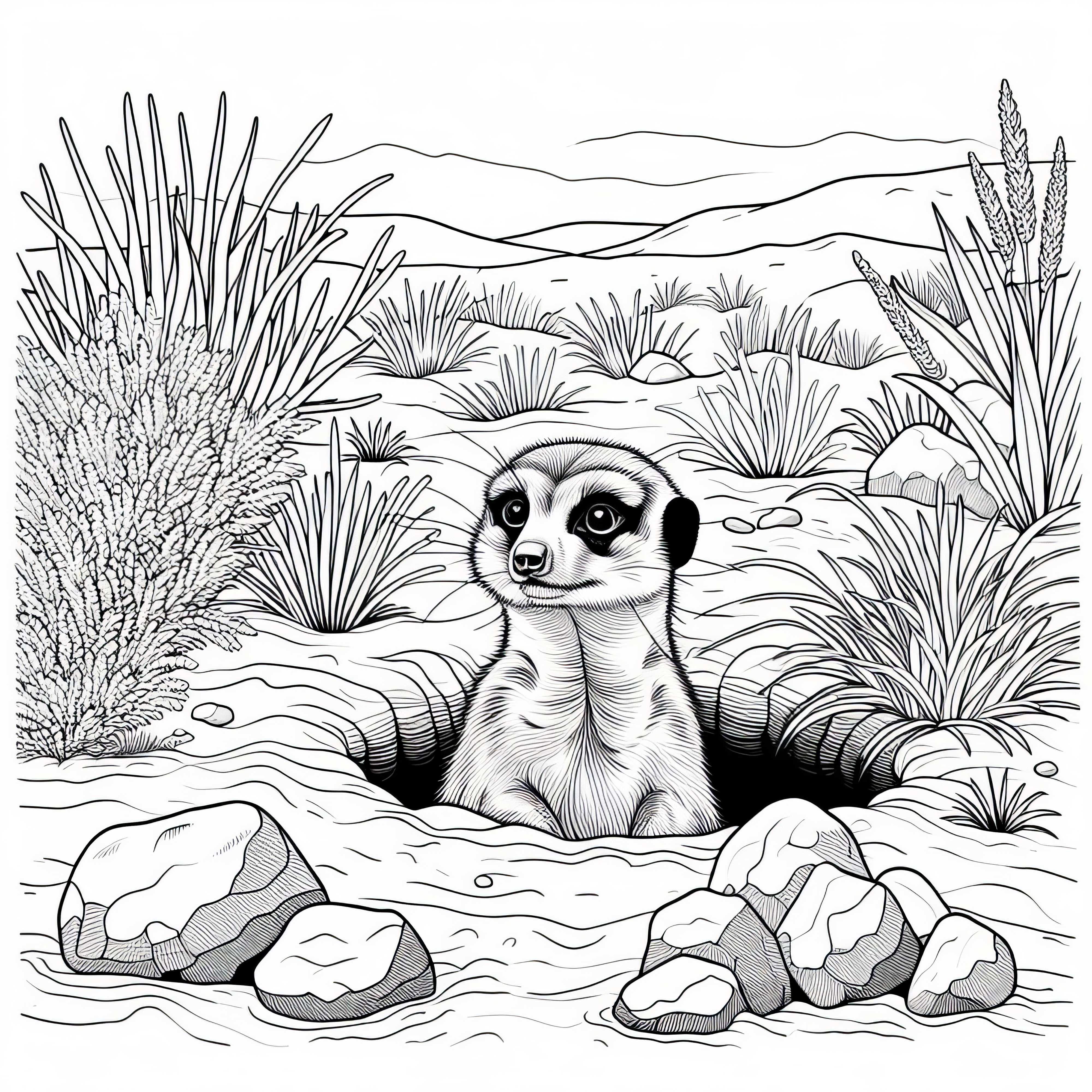 Suricata estica a cabeça do buraco – Modelo de colorir grátis Suricata estica a cabeça do buraco – Desenho para colorir grátis