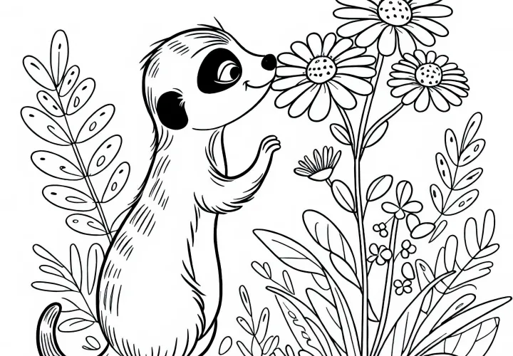 Meerkat si čuchá k kvete – Šablóna na vymaľovanie zadarmo na stiahnutie