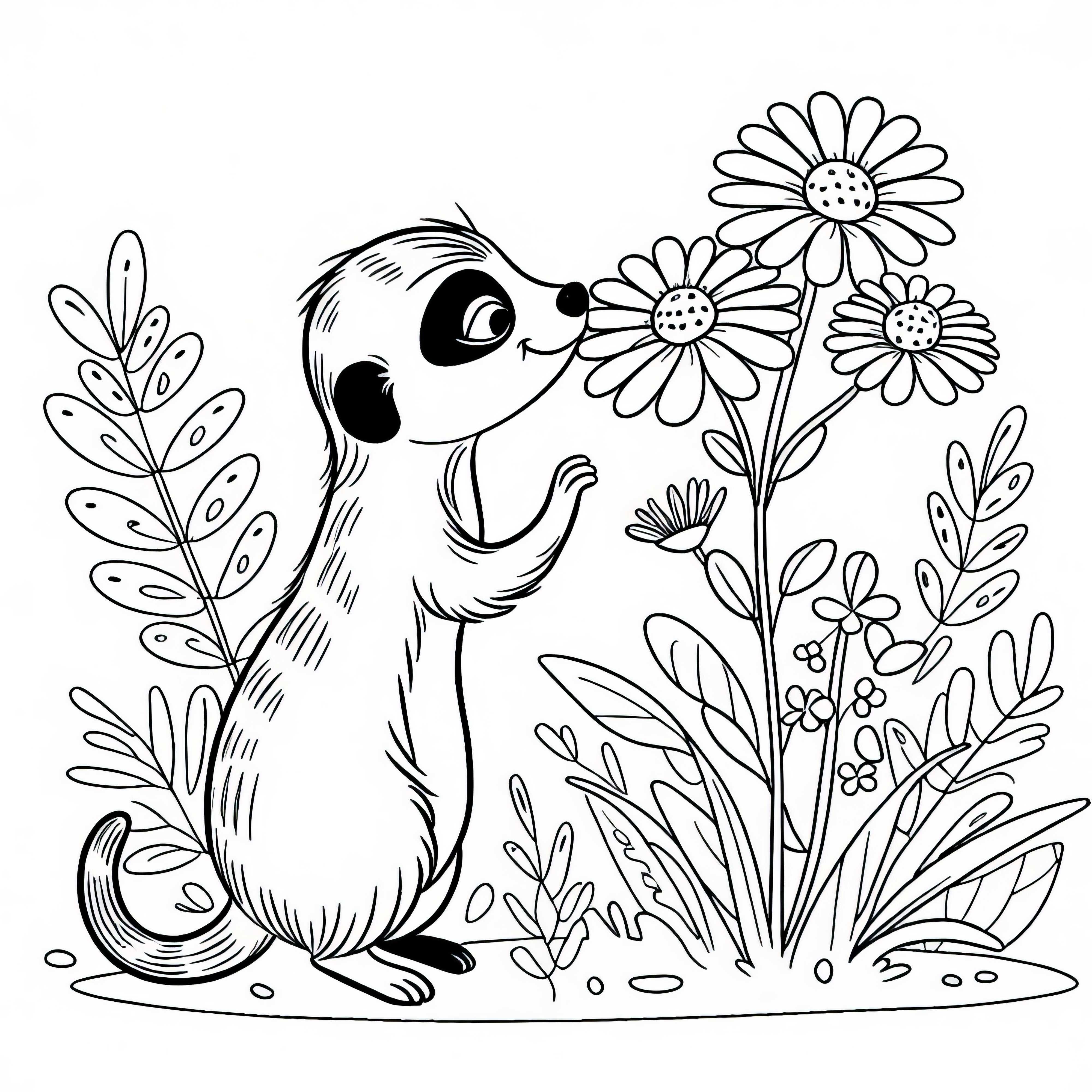 Suricata cheira flor - Modelo de colorir gratuito para download Suricate cheira a flor - Desenho para colorir gratuito para download