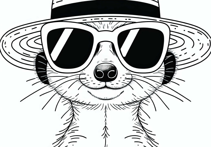 Suricata com óculos de sol e chapéu de palha - Modelo de colorir gratuito