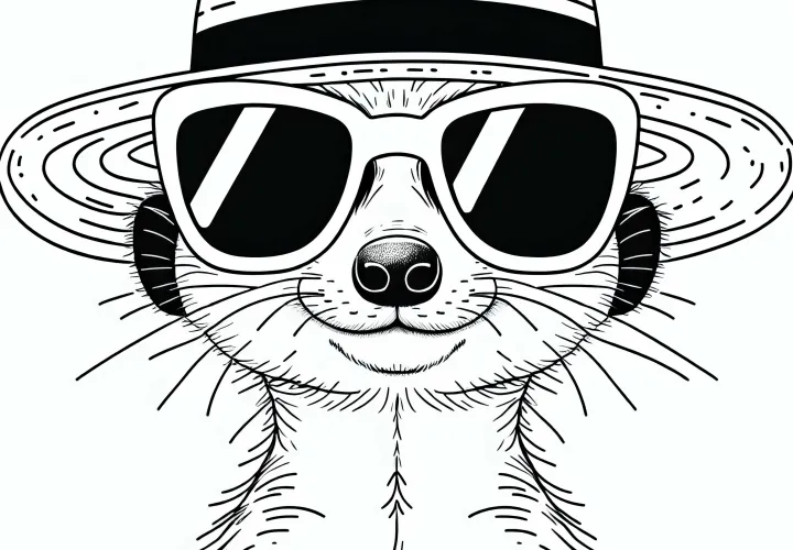Surikata s okuliarmi a slamenným klobúkom – bezplatná predloha na maľovanie