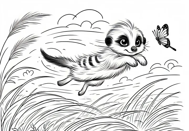 Surikata skáče cez savanu – bezplatná omaľovánka