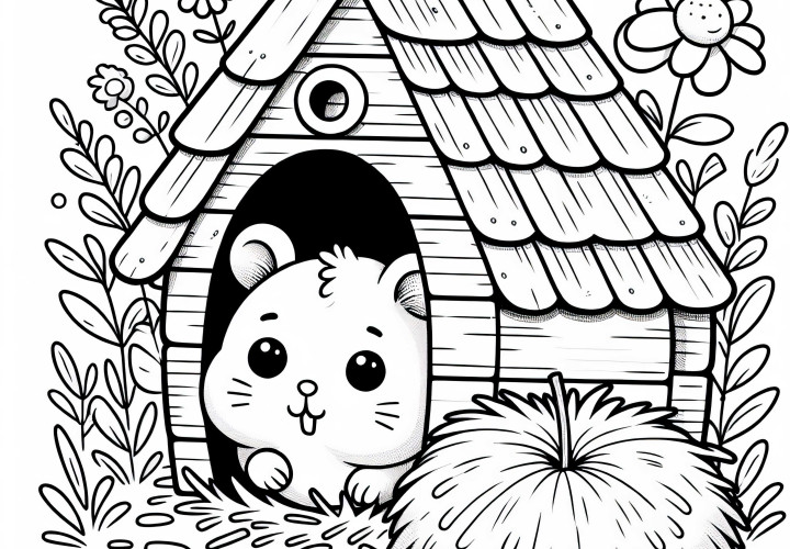 Hamster sa pozerá z domčeka – Bezplatná omaľovánka