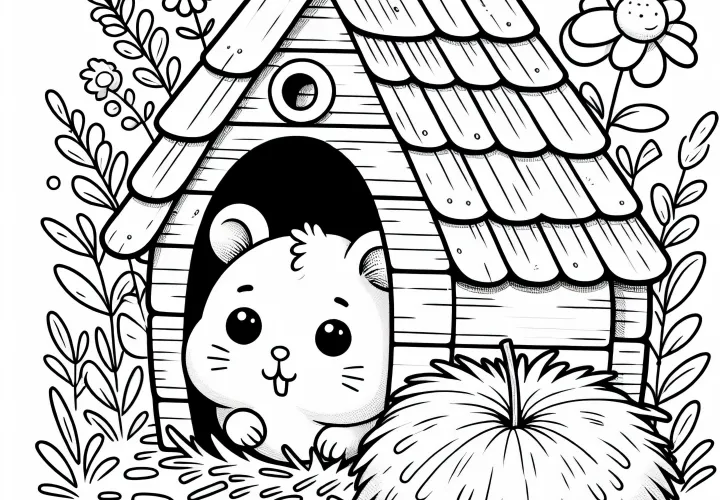 Hamster sa pozerá z domčeka – Bezplatná omaľovánka