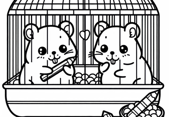 Dva škrečky sedia vedľa seba v klietke – Zadarmo omaľovánka