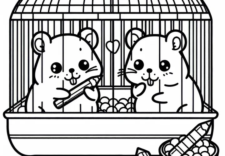 Dva škrečky sedia vedľa seba v klietke – Zadarmo omaľovánka