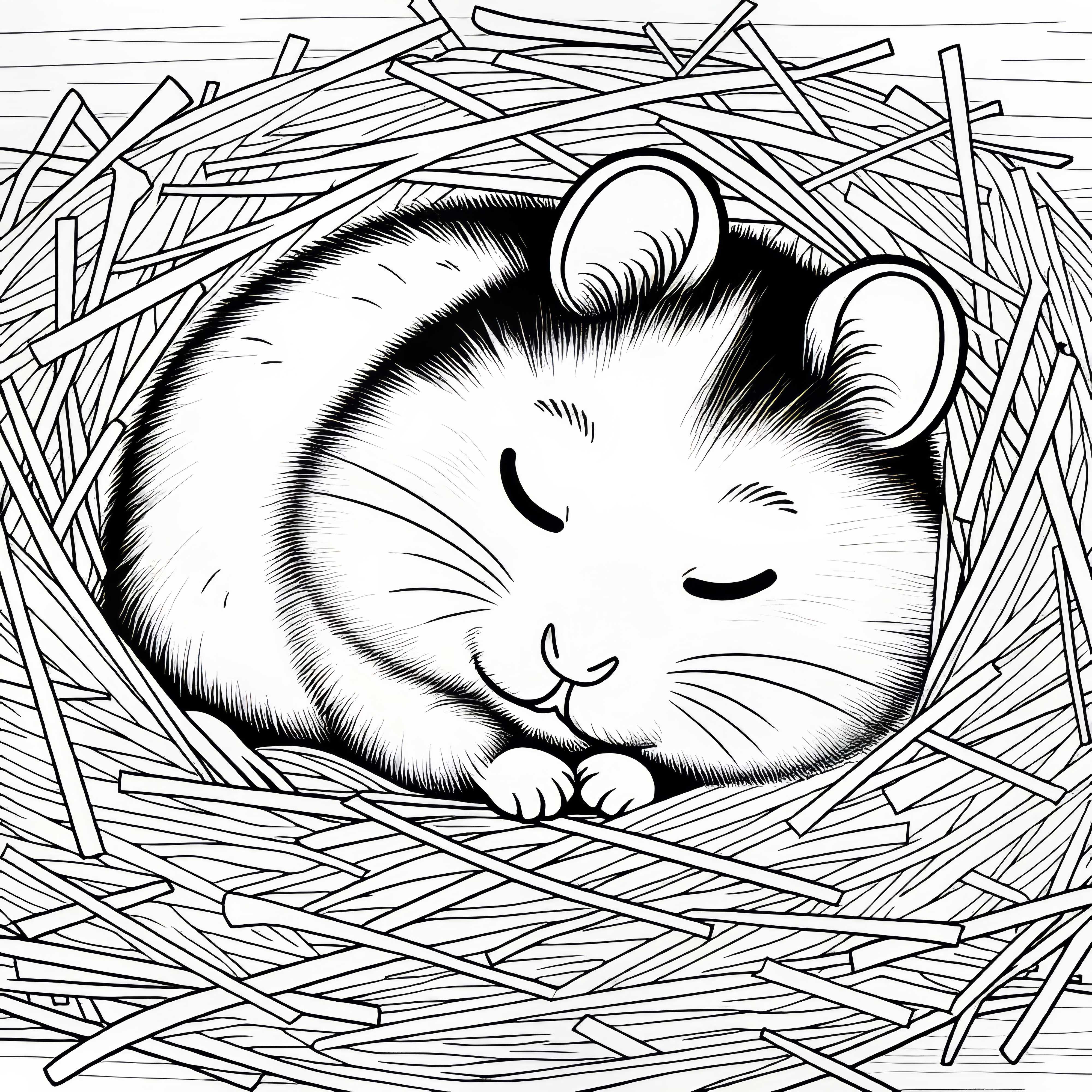 Krysa spí zvinutá v hniezde z sena – Bezplatná omaľovánka Hlodavček spí stočený v hniezde z seno – Kresliaci obrázok zadarmo