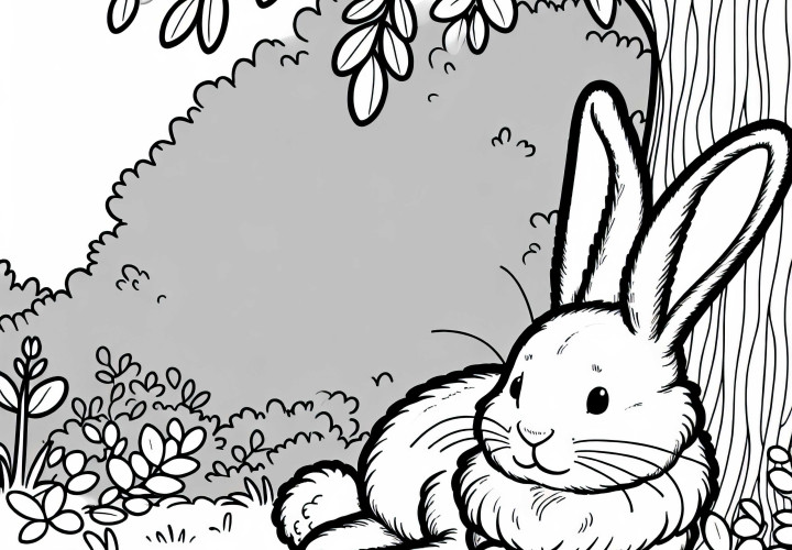 Lapin assis sous un arbre - Dessin à colorier gratuit