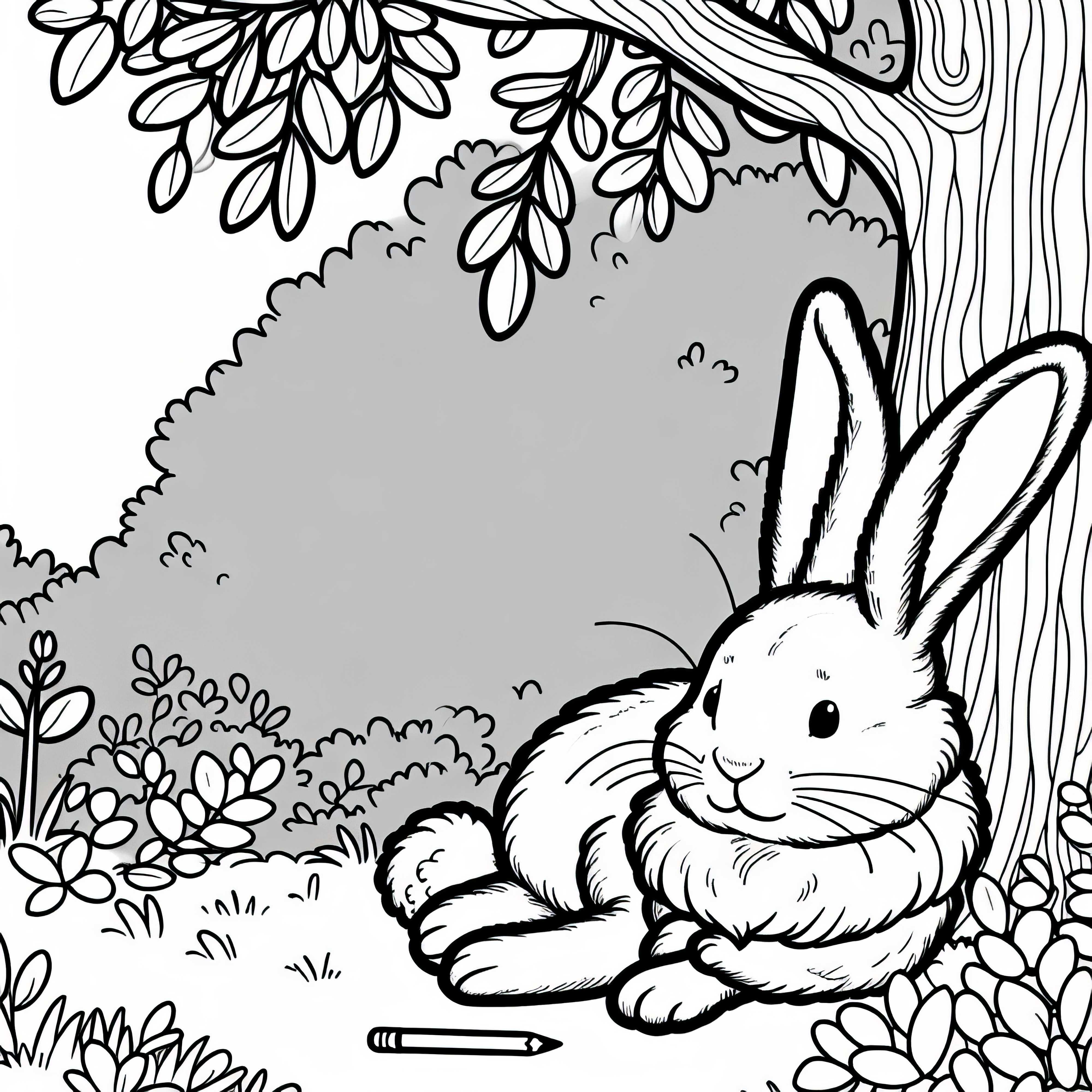 Lapin assis sous l'arbre - Dessin à colorier gratuit