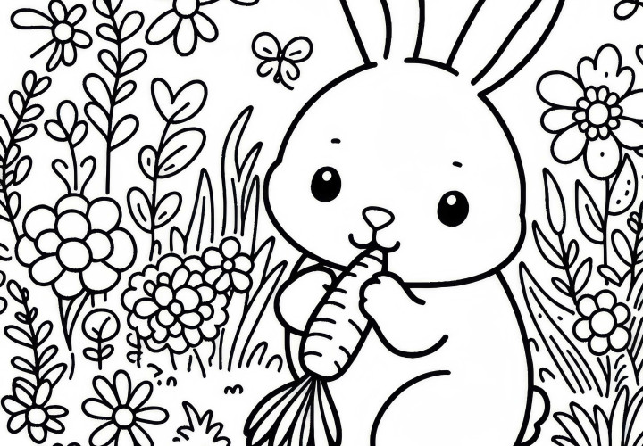 Le lièvre grignote une carotte dans la prairie - Modèle de coloriage gratuit