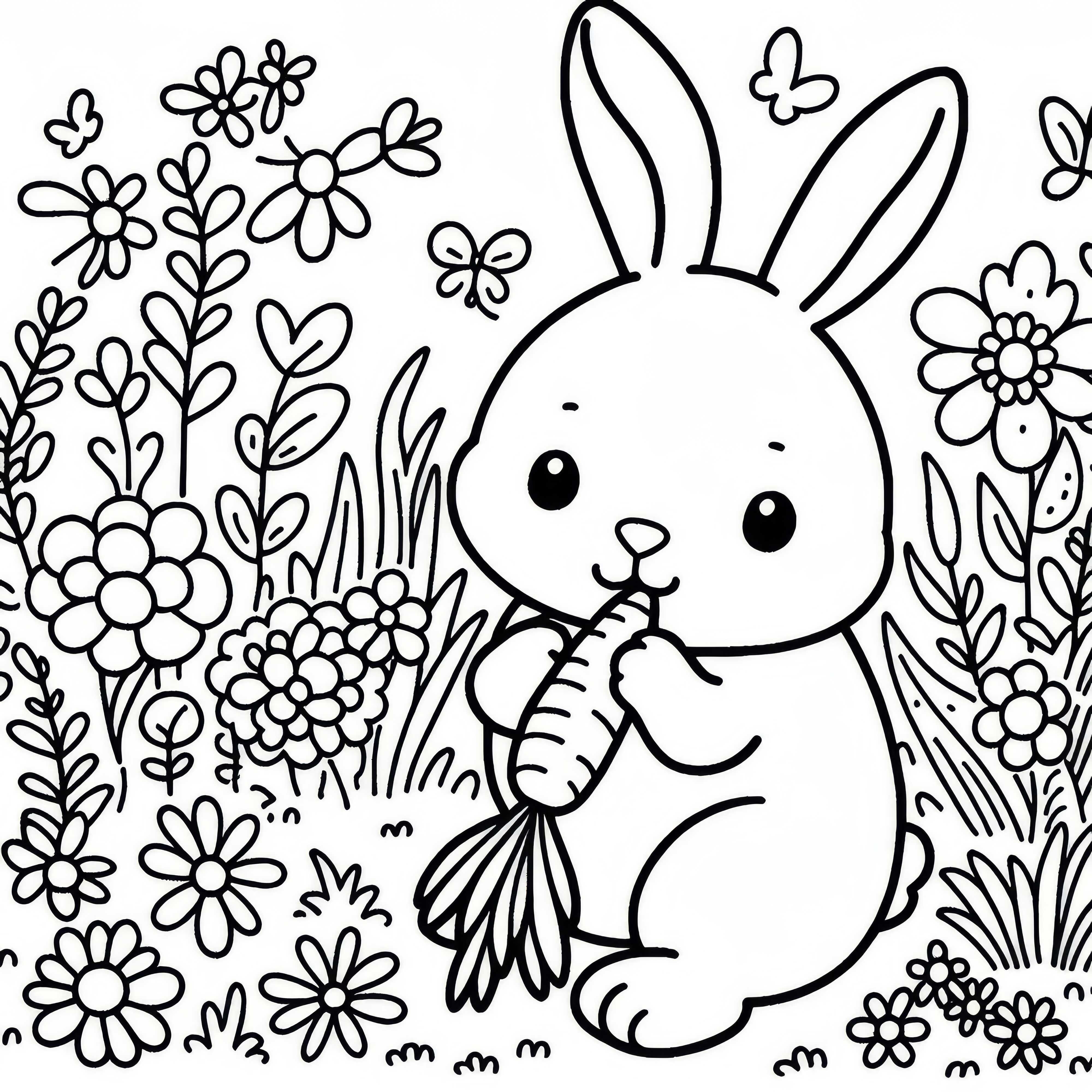 Le lapin grignote une carotte dans l'herbe - Modèle de coloriage gratuit