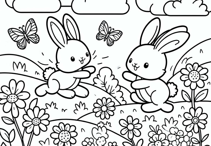 Deux lapins sautent joyeusement à travers un champ printanier avec des papillons - Page à colorier gratuite