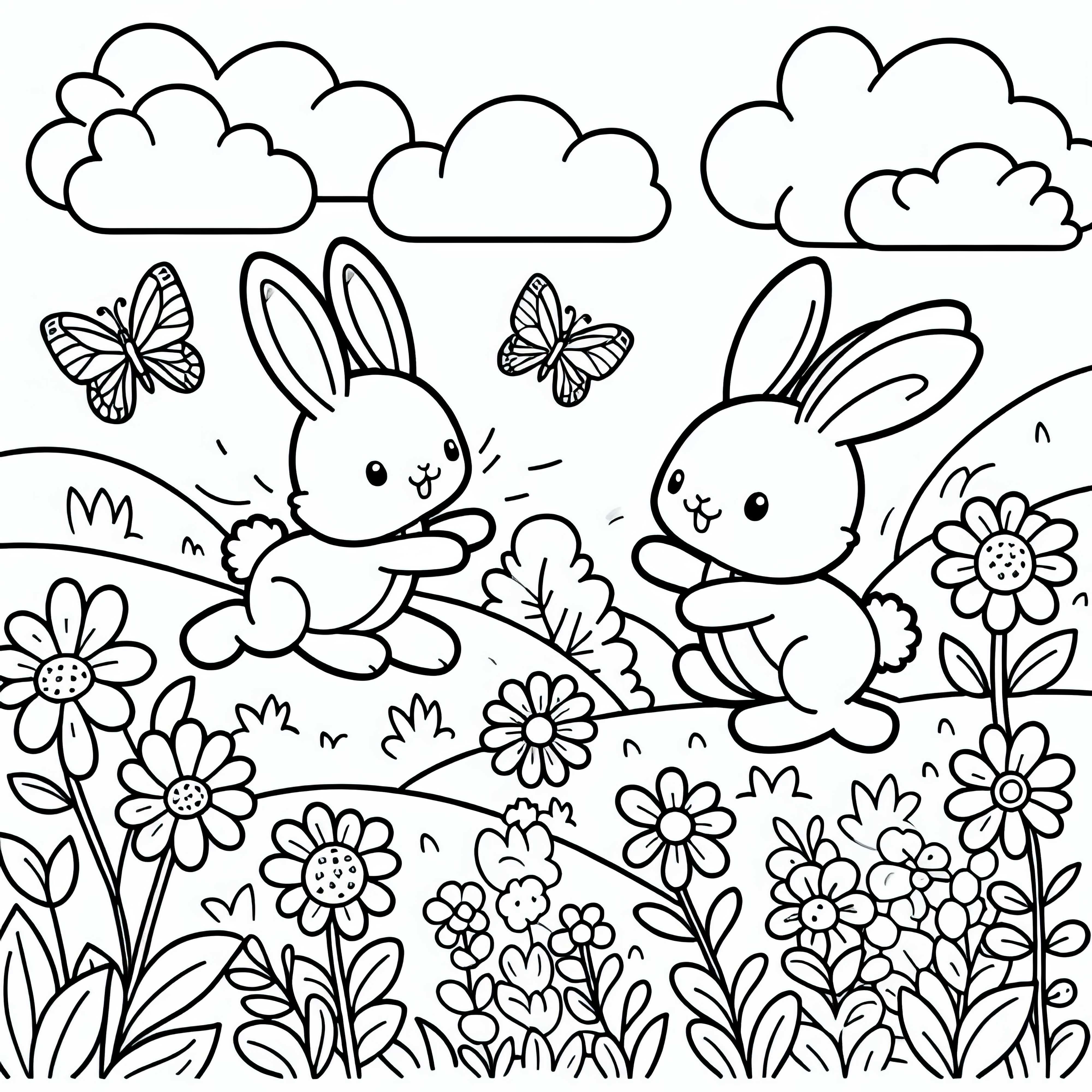 Deux lapins sautent joyeusement à travers un champ de printemps avec des papillons - coloriage gratuit
