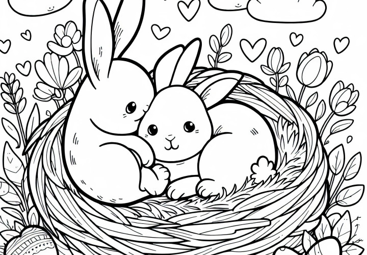Des lapins se câlinent dans le nid - dessin à colorier gratuit