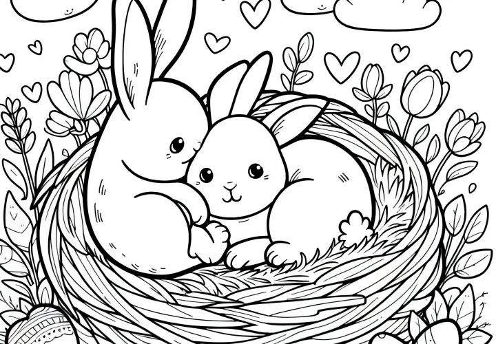 Zajačiky sa objímajú v hniezde – Bezplatná maľovacia šablóna