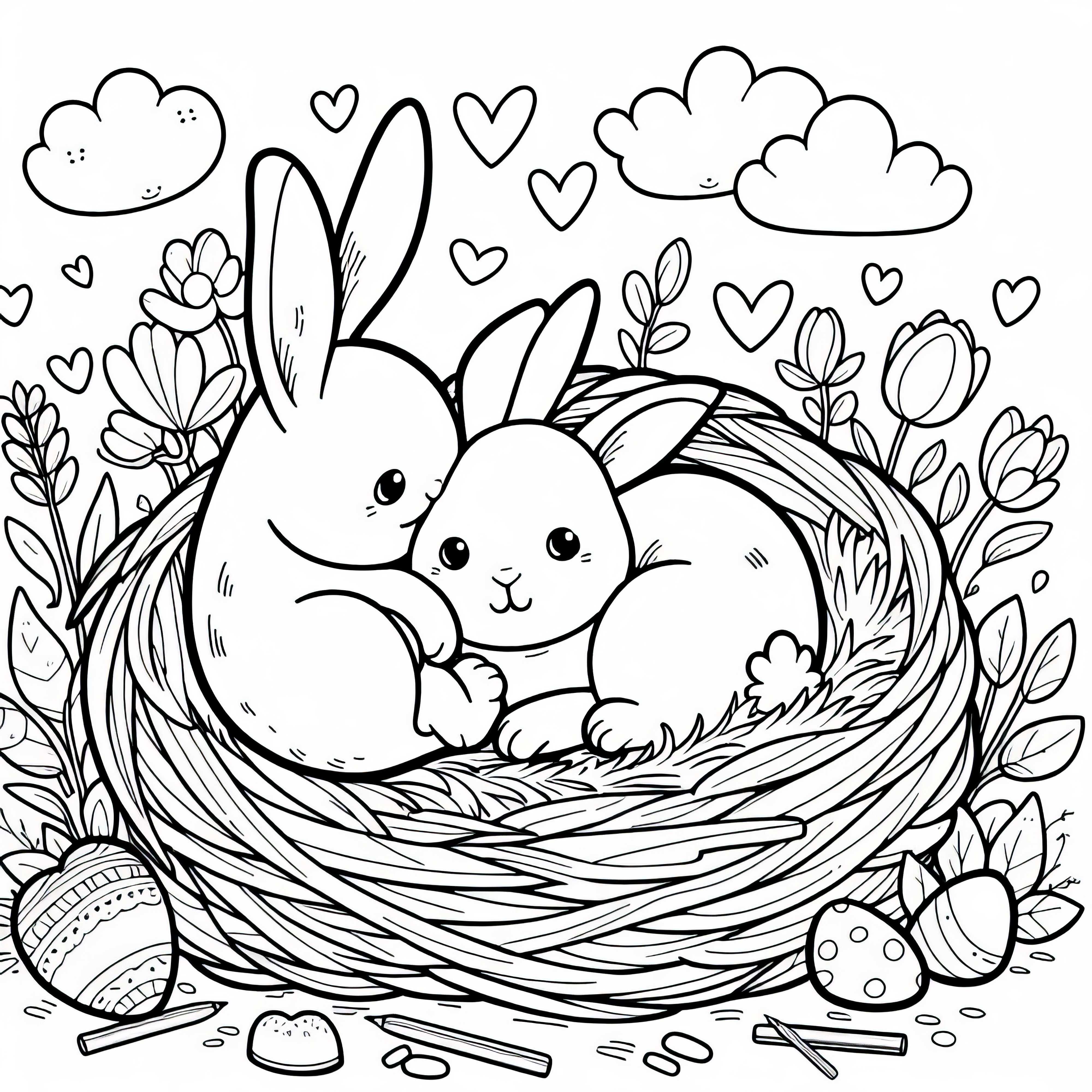 Câlins de lapins dans le nid - Modèle de coloriage gratuit