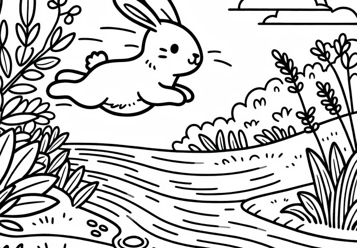 Le lapin saute par-dessus le ruisseau - modèle de coloriage gratuit