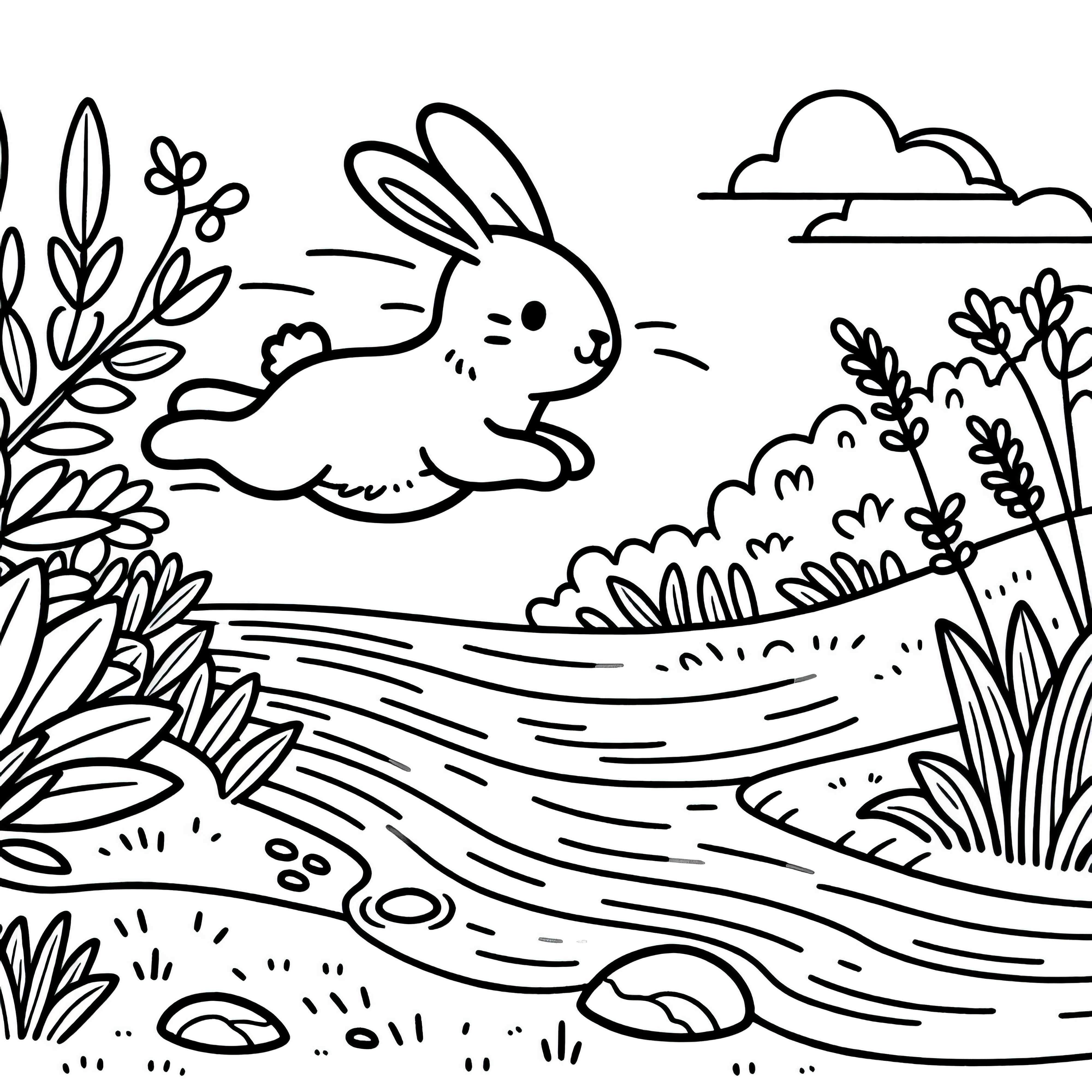 Le lapin saute par-dessus le ruisseau - coloriage gratuit