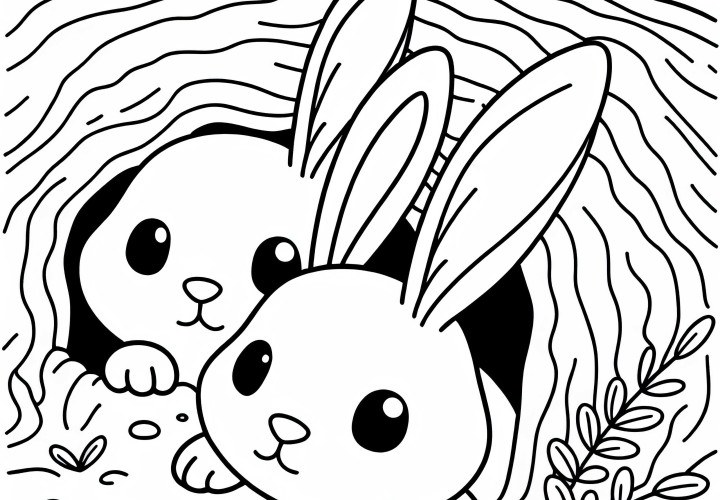 Les lapins regardent curieusement hors du trou – Modèle de coloriage gratuit