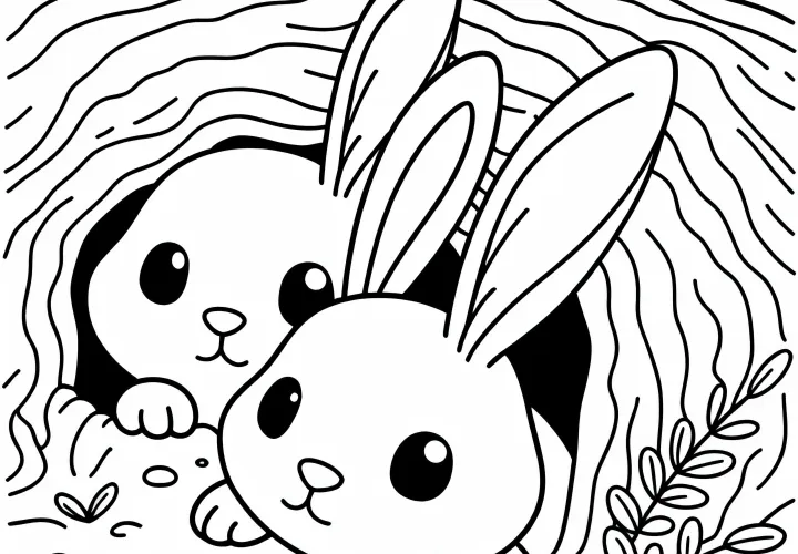 Zajačiky zvedavo vykúkajú z dier do zeme – Bezplatná farbička