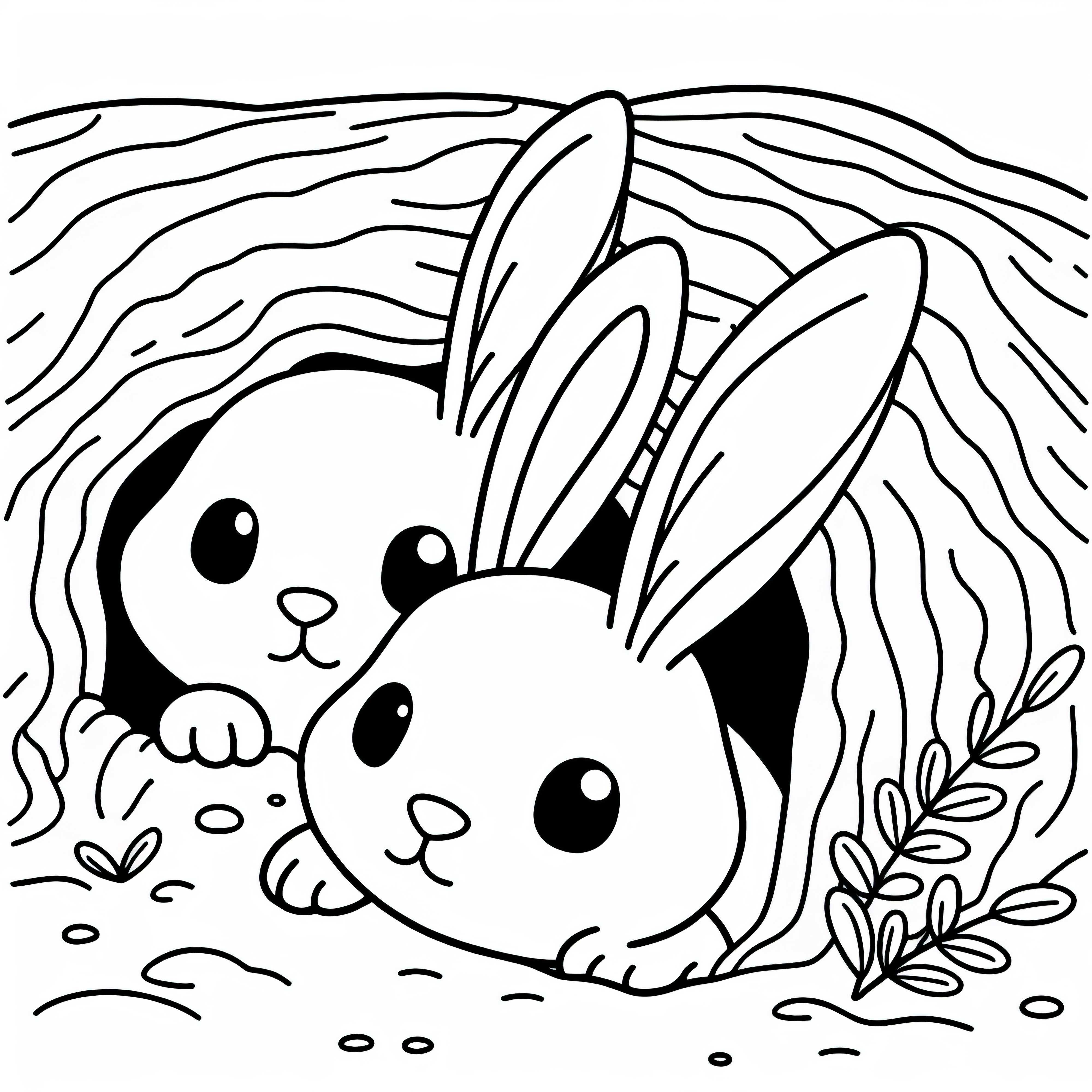 Les lapins regardent curieusement hors du terrier - Modèle à colorier gratuit