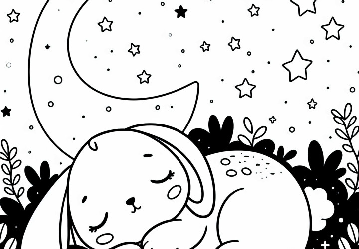 Le petit lapin dort enroulé sous le ciel étoilé - Modèle de coloriage gratuit