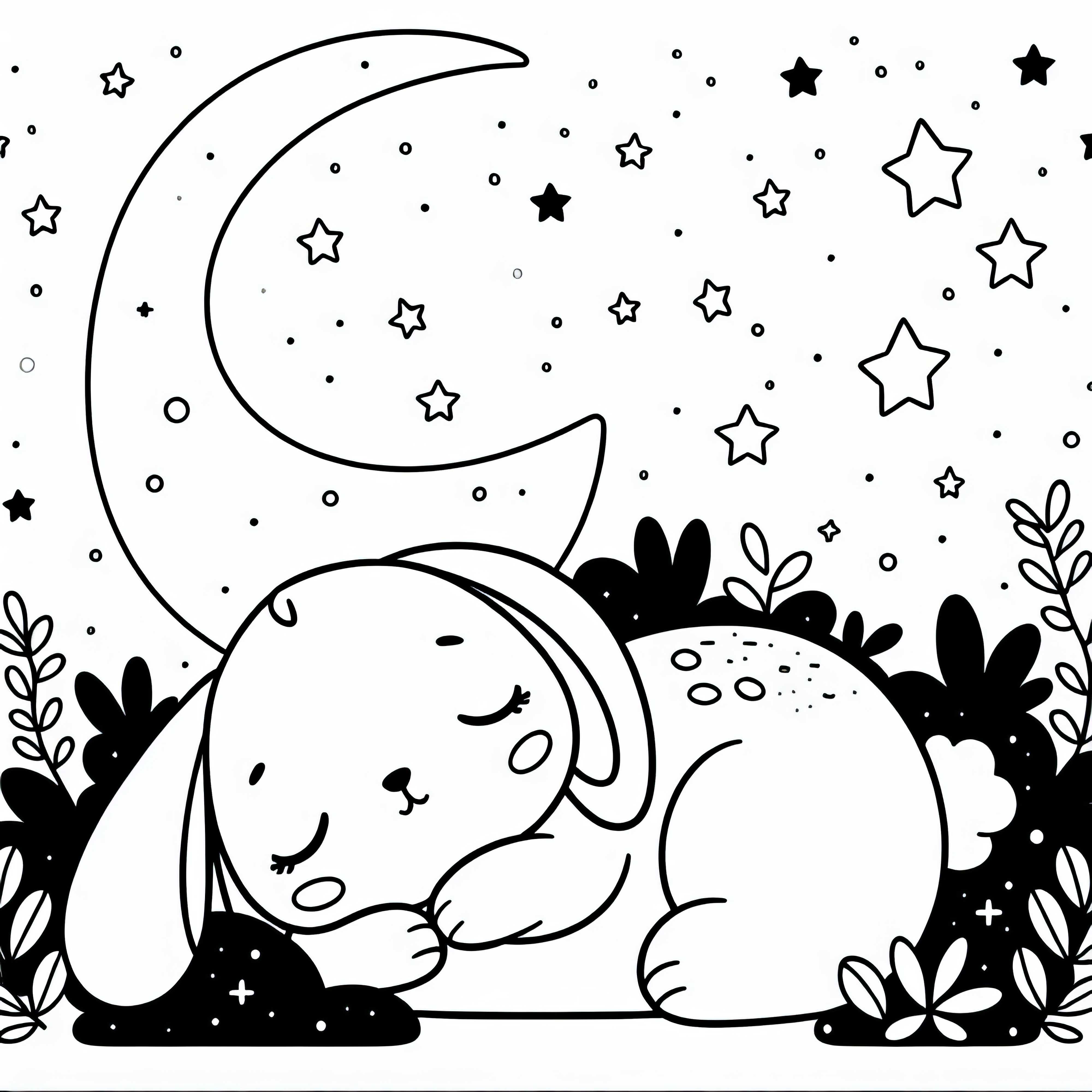 Le petit lapin dort enroulé sous le ciel étoilé - Modèle à colorier gratuit