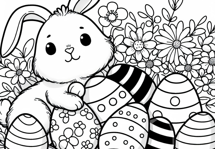 Un lapin se cache parmi les œufs de Pâques - modèle de coloriage gratuit