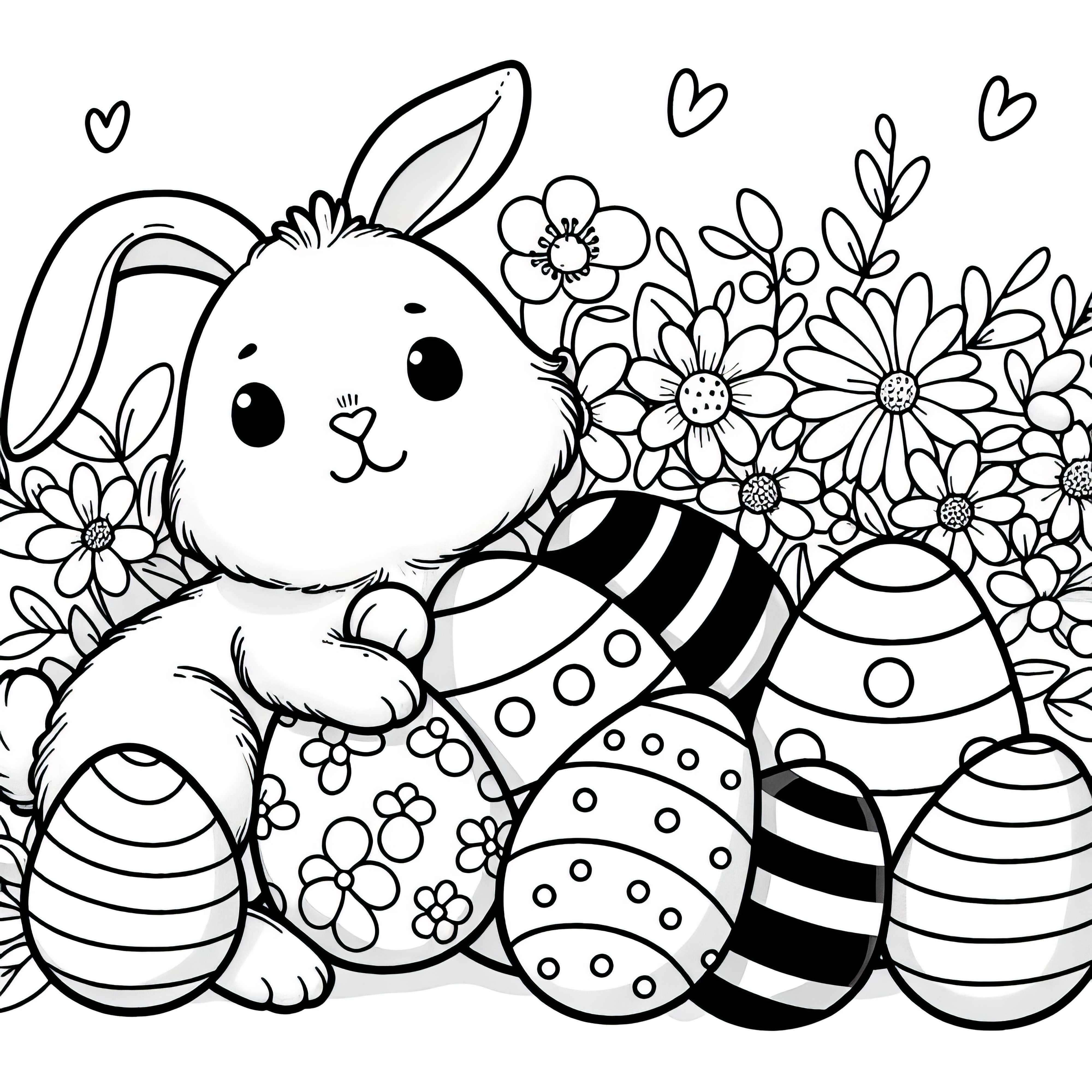 Un lapin se cache parmi les œufs de Pâques - Modèle de coloriage gratuit