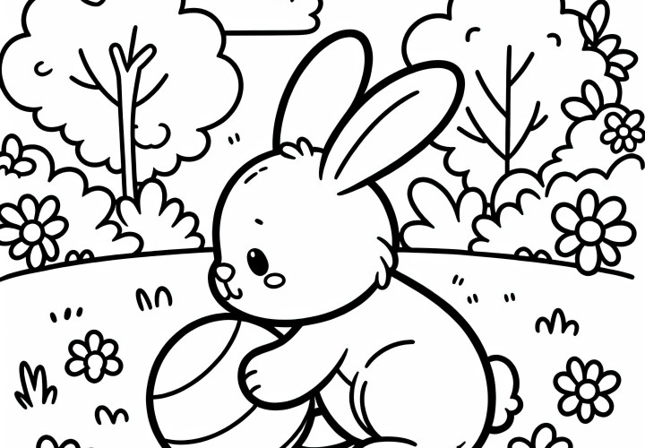 Un lapin joue avec une balle dans le jardin - Dessin à colorier gratuit