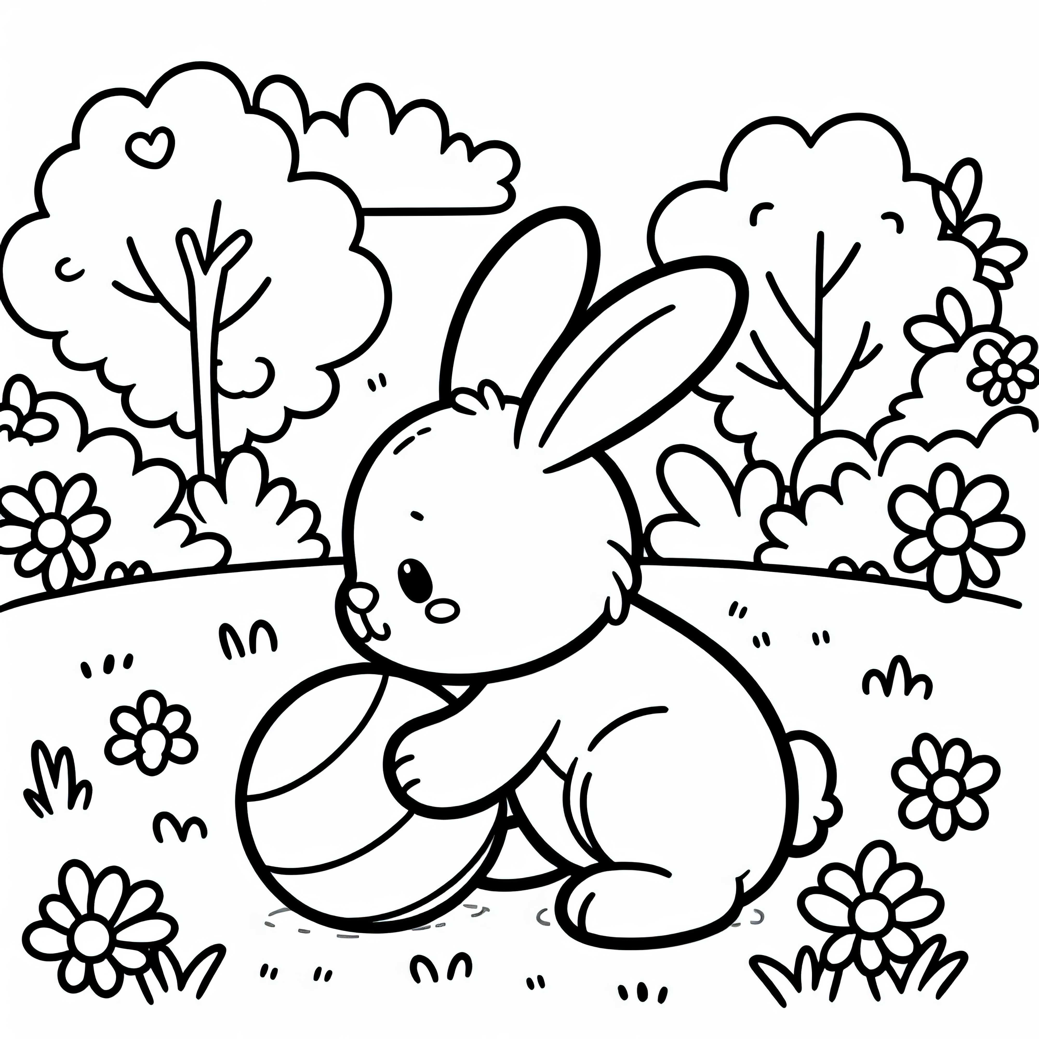 Un lapin joue avec une balle dans le jardin - Dessin à colorier gratuit