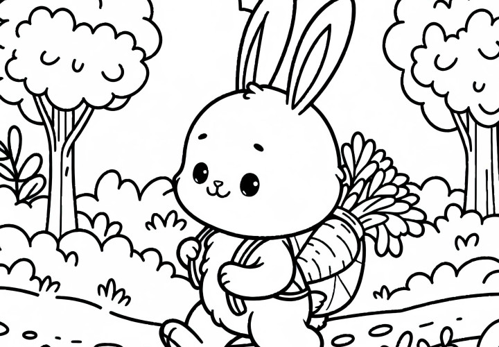 Un lièvre porte un sac à dos sur un chemin à travers la nature - Image à colorier gratuite