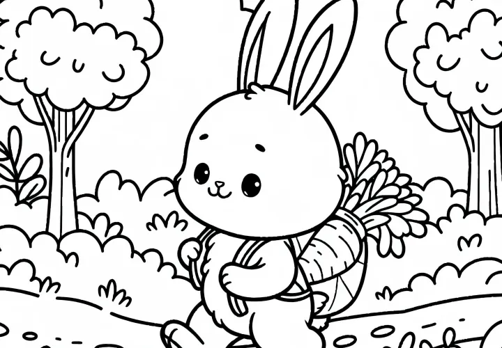 Zajac nosí batoh na chodníku cez prírodu - bezplatná omaľovánka