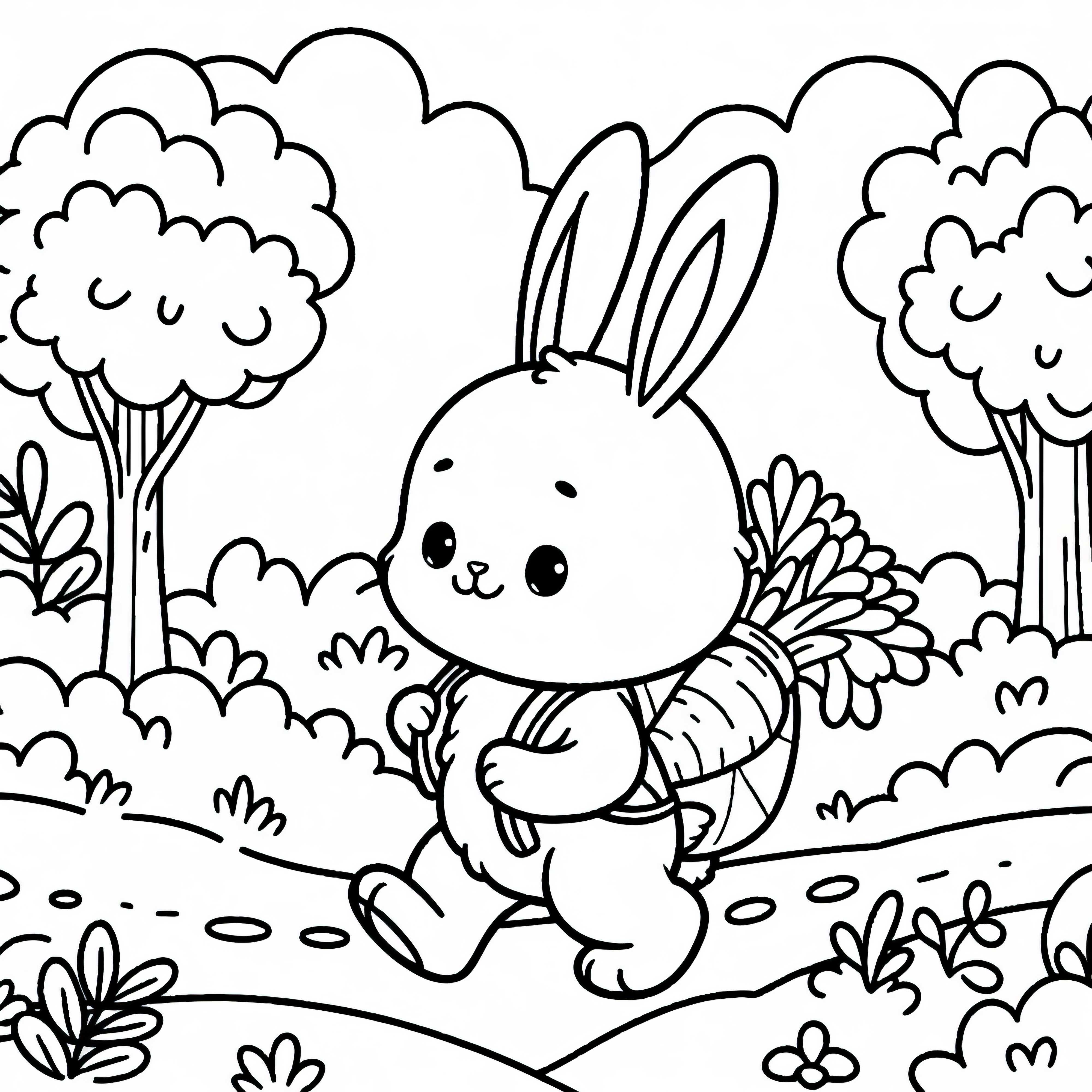 Un lapin porte un sac à dos sur un chemin à travers la nature - Dessin à colorier gratuit