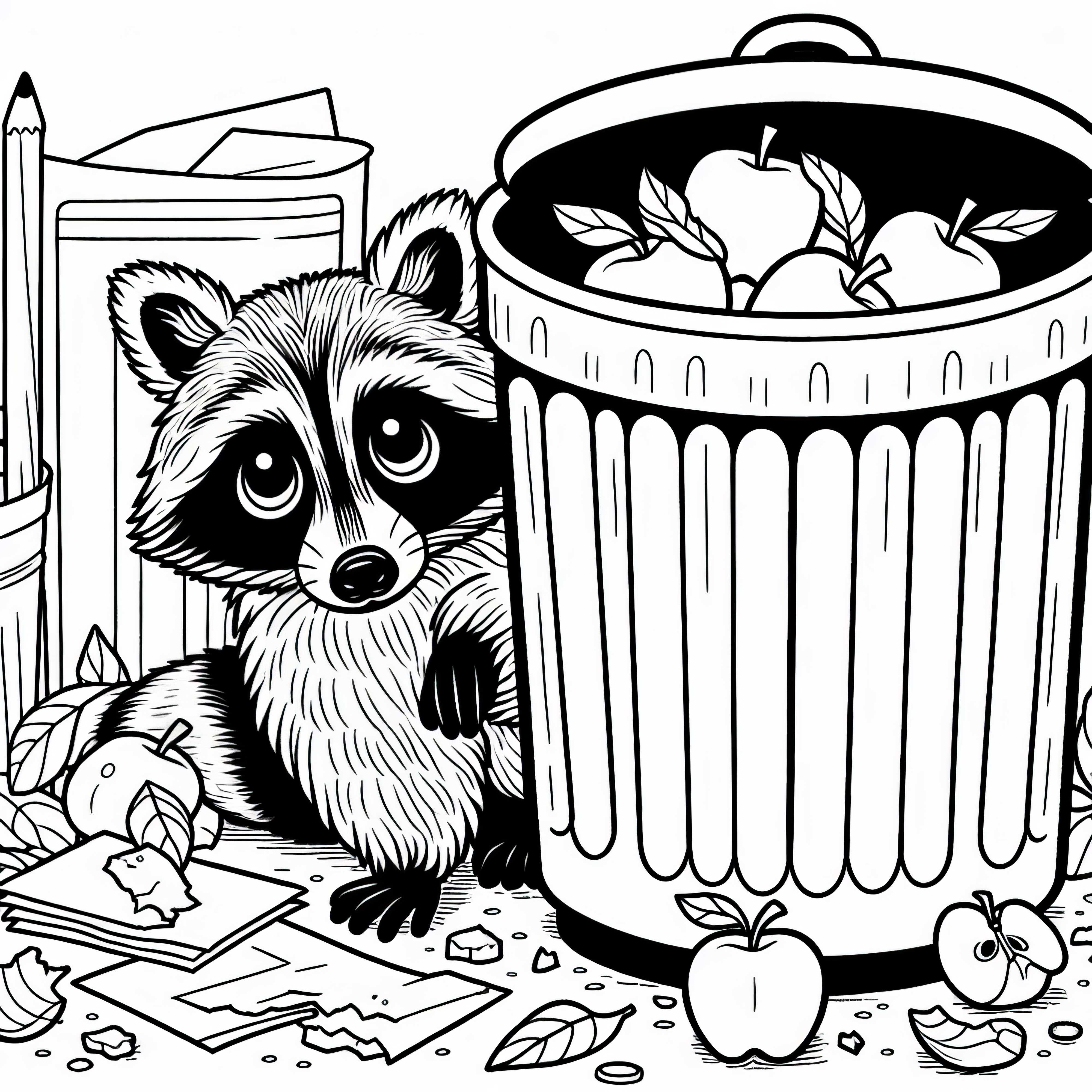 Jednoduchá maľovanka: Rybárik vedľa smetiaka s rozptýlenými papierovými kúskami a zvyškami jablka zdarma Medveď ríšsky vedľa kontajnera na odpad s roztrúsenými kúsmi papiera a zvyškami jablka - omaľovánka zadarmo