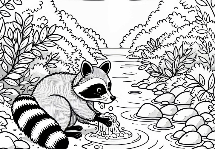 Mýval umýva niečo v potoku – Kresbička na vymaľovanie zadarmo