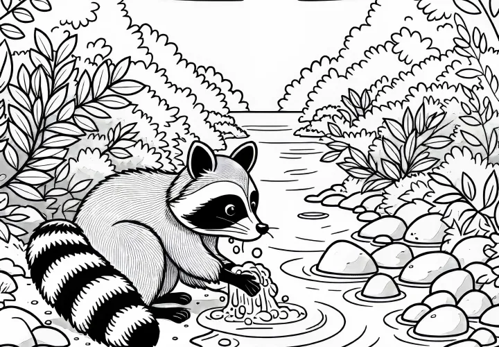 Mýval umýva niečo v potoku – Kresbička na vymaľovanie zadarmo