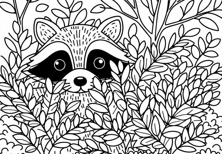 Mýval sa schováva za kríkom - Bezplatná omaľovánka