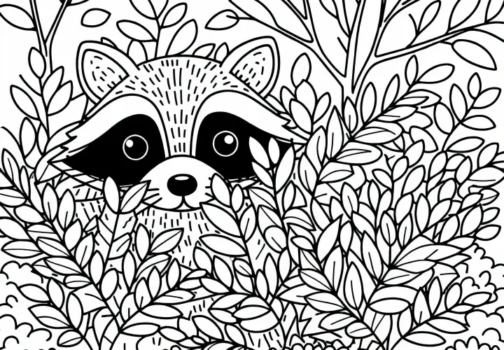 Mýval sa schováva za kríkom - Bezplatná omaľovánka