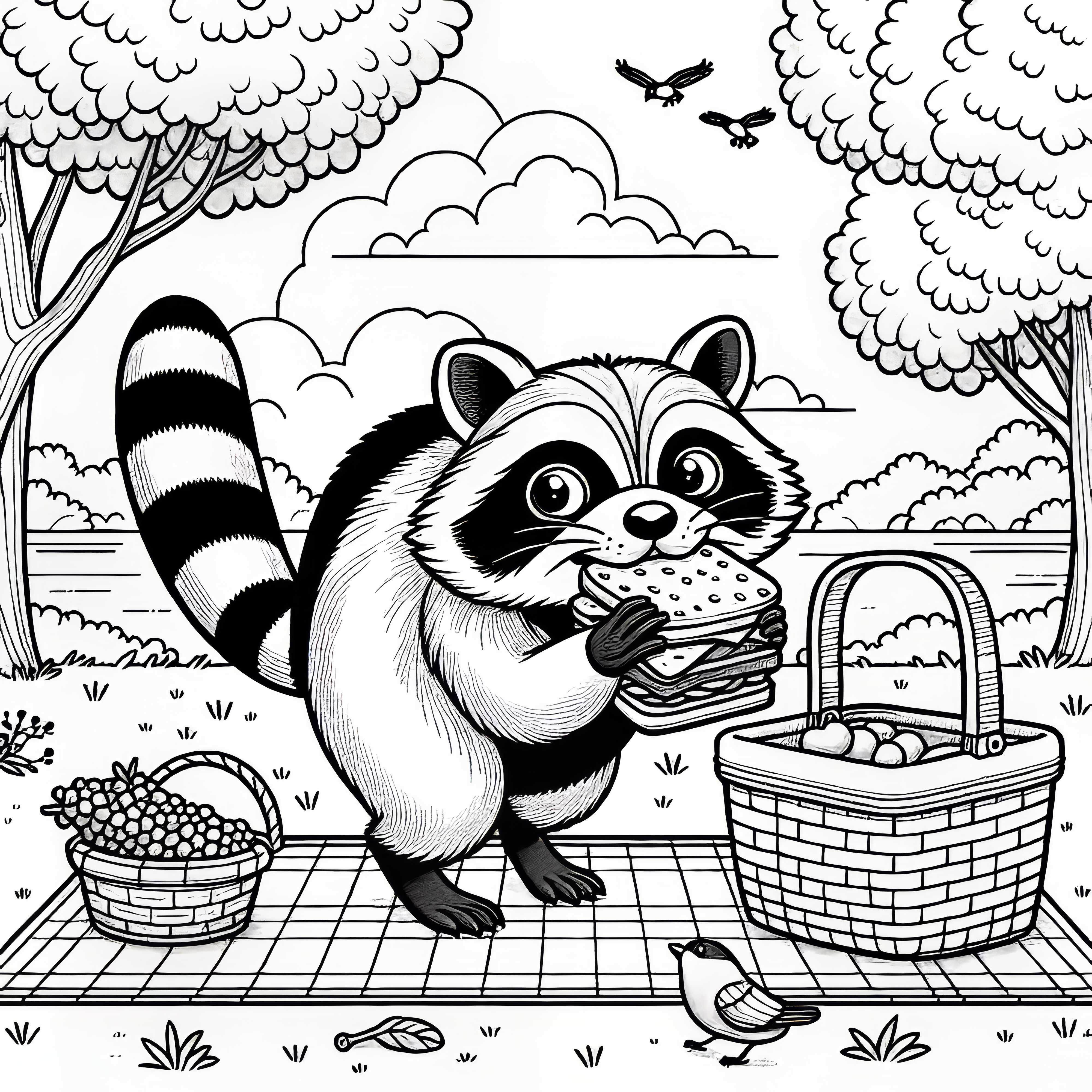 Umývajúci medveď kradne sendvič z piknikového koša – Bezplatný obrázok na vymaľovanie Mýval kradne sendvič z piknikového koša – Bezplatný obrázok na vymaľovanie