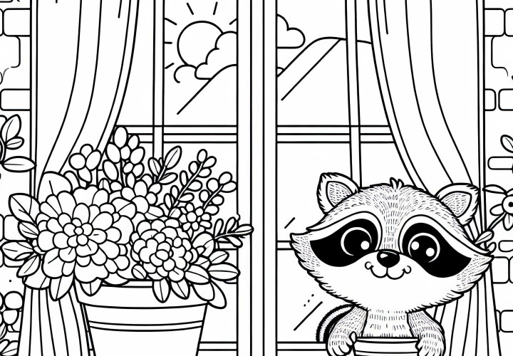 Mýval sa drzácky pozerá z okna – obrázok na vymaľovanie zadarmo