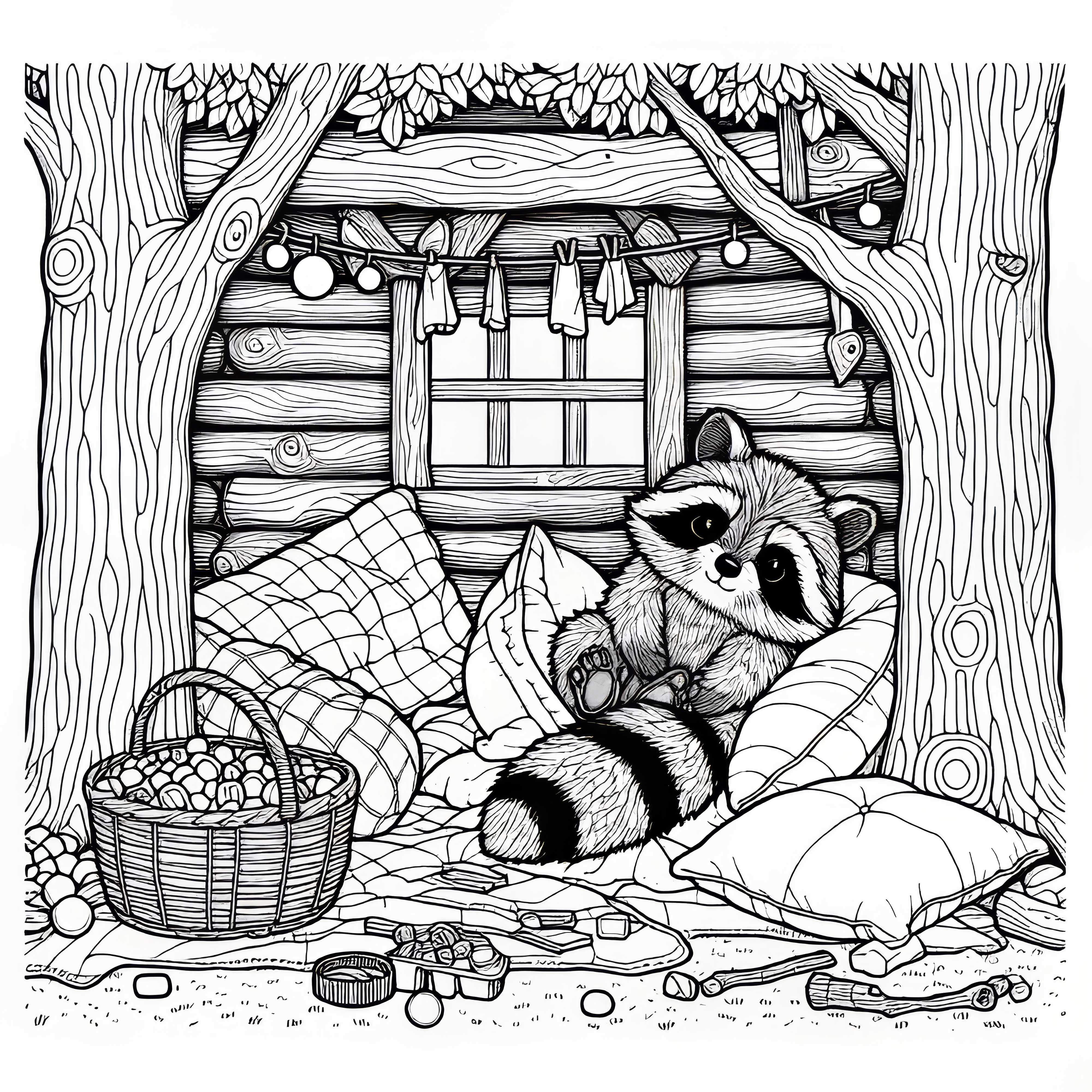 Medveď čistotný pohodlne medzi dvoma stromami na vankúšoch - omalovánka zadarmo Vačica pohodlne medzi dvoma stromami na vankúšoch - Maľovacia predloha zadarmo